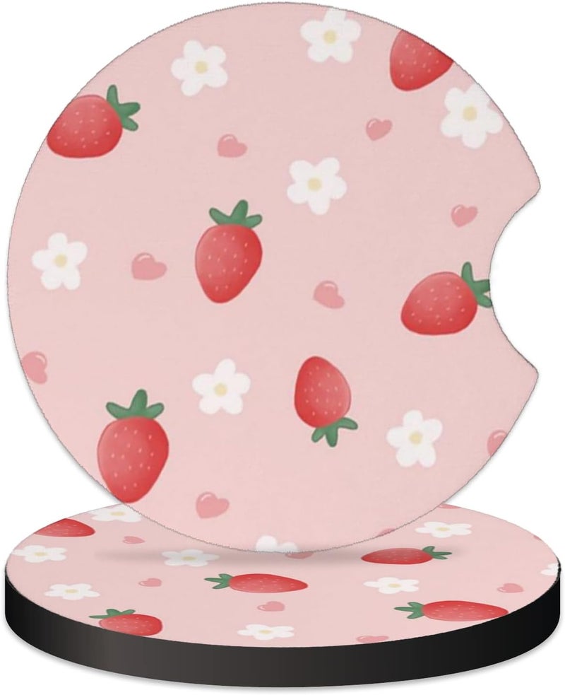 KARREAL 2 Pcs Car Cup Coasters, Cute Strawberry Universal Non-Slip Rubber Car Coasters for Cup Holders 2.75 inch, Car Interior Accessories for Women - Image 1